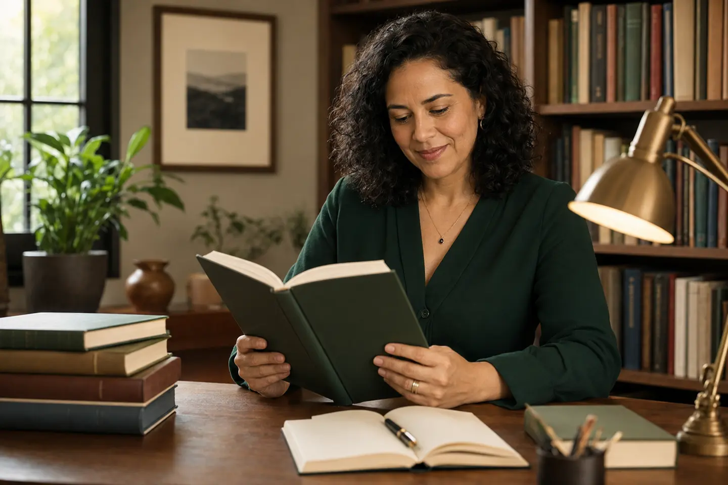 A researcher reading a scientific book in an editorial setting